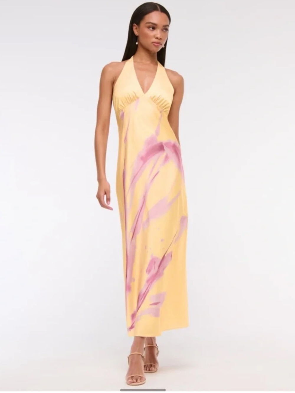 Abercrombie & Fitch Yellow Halter Maxi Dress with Pink Brushstroke Print